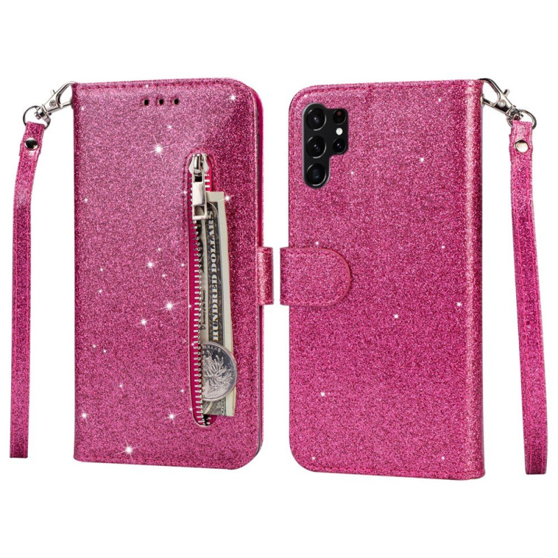For Samsung Galaxy S25 Ultra Stand Case Glitter Phone Leather Cover Zipper Pocket