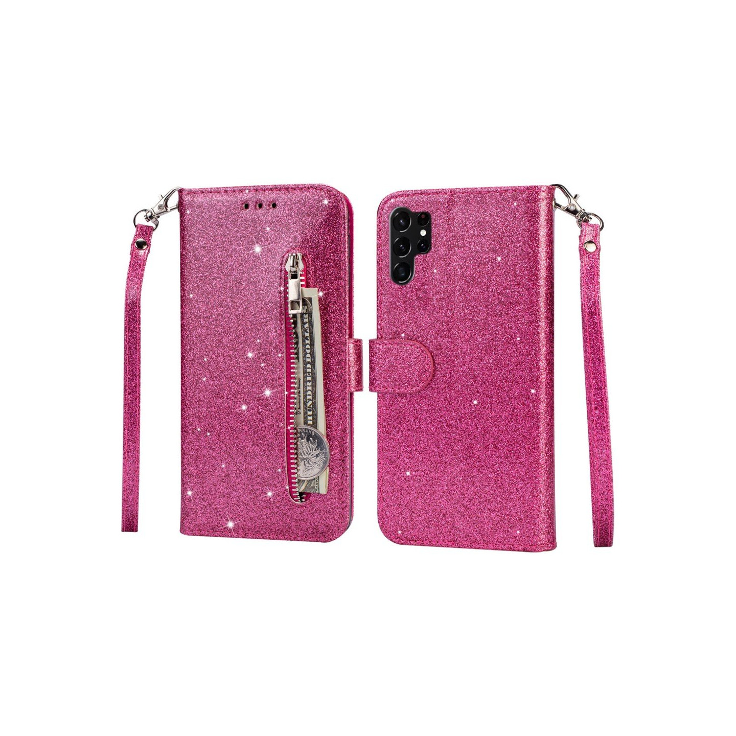 Til Samsung Galaxy S25 Ultra Stående Glittercover med Lynlåslomme