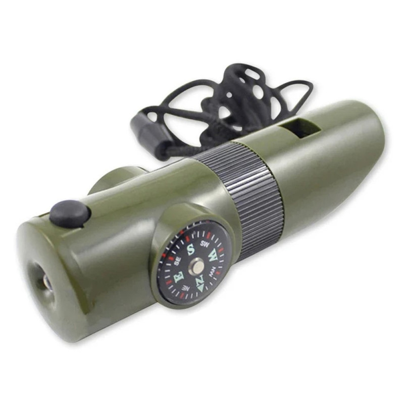 7 i 1 Visselpipa Hög Decibel Survival Whistle Ficklampa Kompass Termometer mm