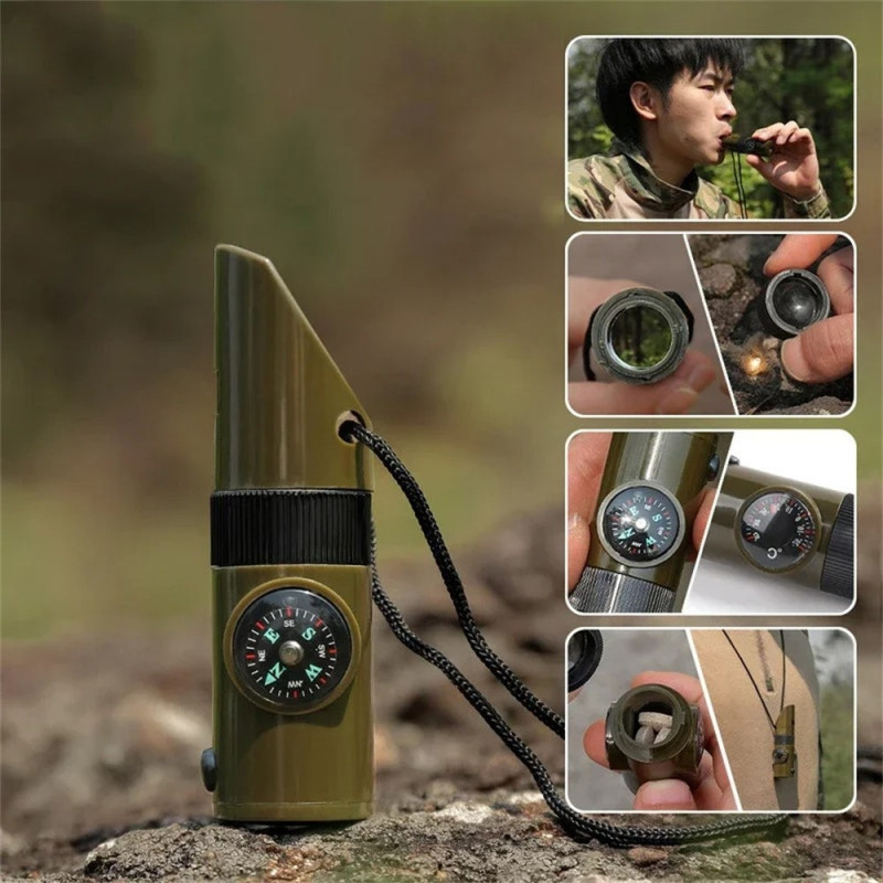 7 in 1 Whistle High Decibel Survival Whistle Flashlight Compass Thermometer etc