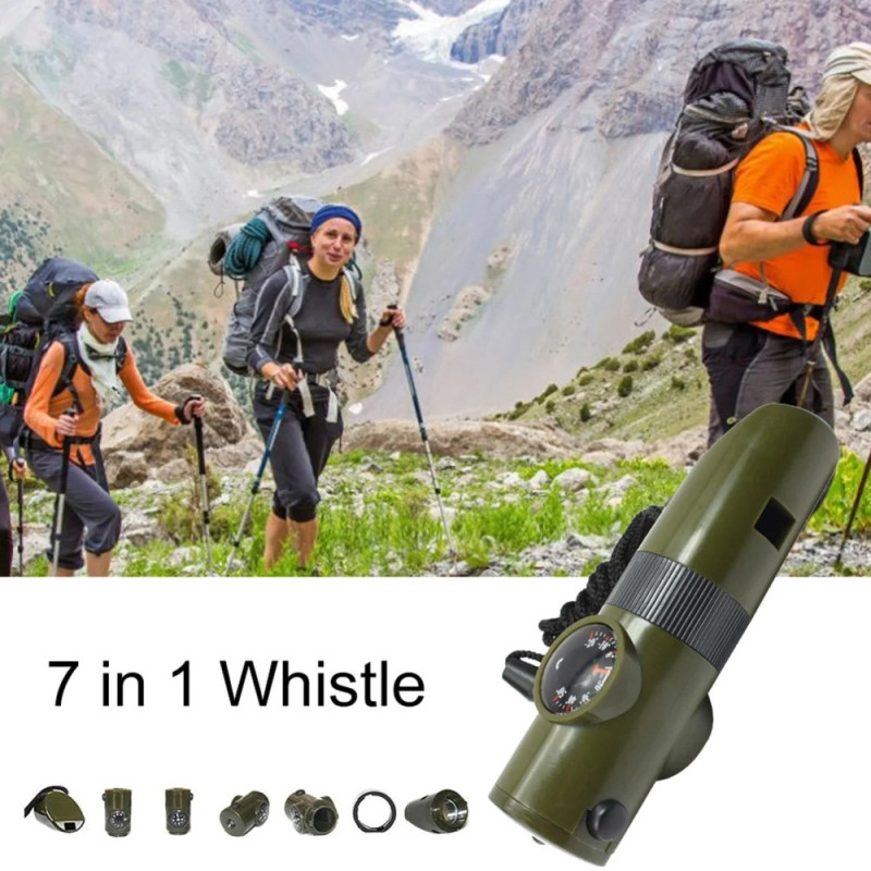 7 i 1 Whistle High Decibel Survival Whistle Lommelygte kompas termometer osv