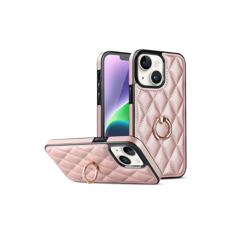 iPhone 14 Etui Rhombus Grid Mønster Bagcoverring Kickstand - Rose Gold