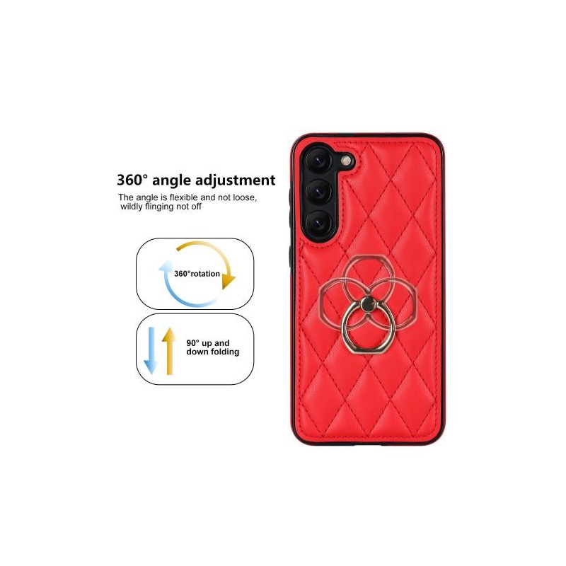 Samsung Galaxy S23 Case Rhombus Grid Pattern Back Cover Ring Kickstand - Red
