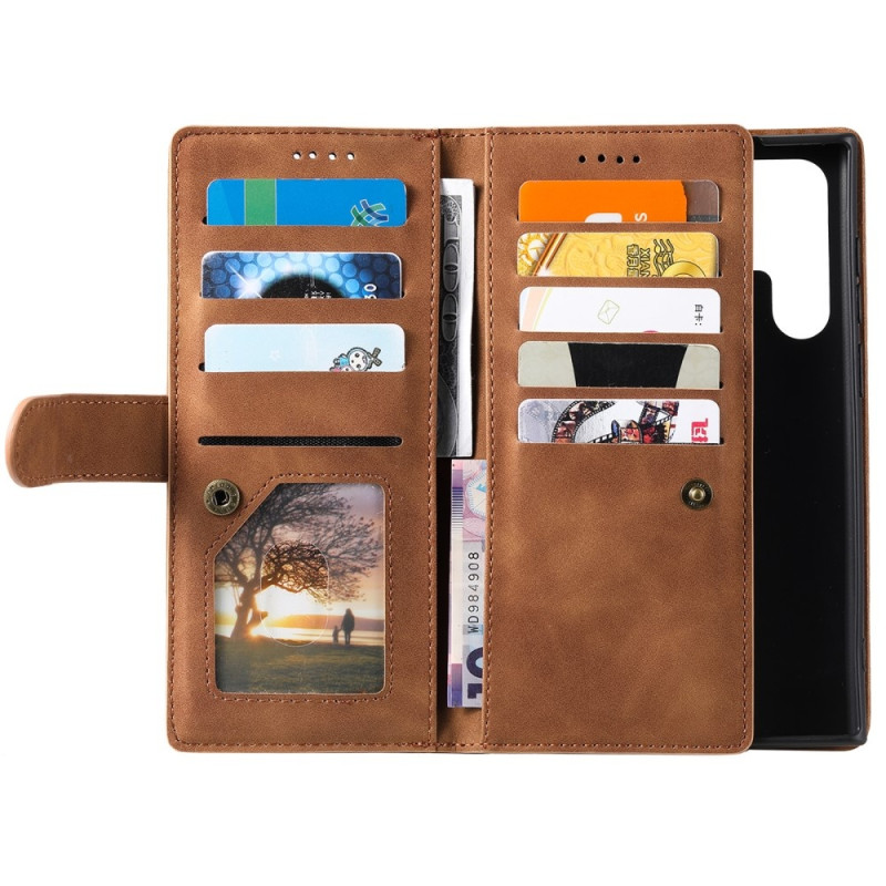 For Samsung Galaxy S25 Ultra 5G Case Zipper Pocket PU Leather Phone Cover with 9 Card Slots