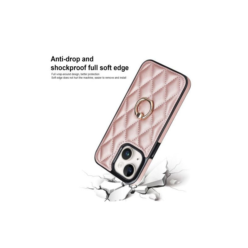 iPhone 14 Etui Rhombus Grid Mønster Bagcoverring Kickstand - Rose Gold