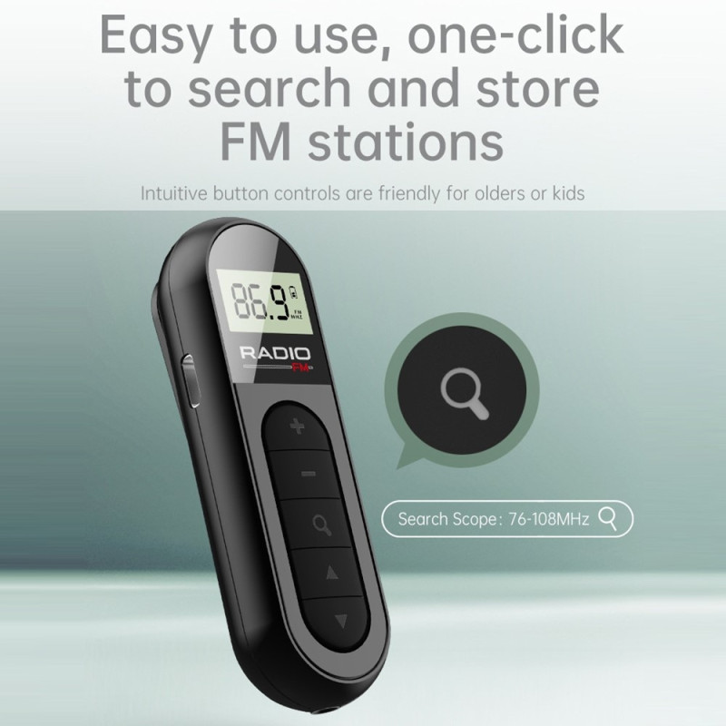 RADIO MI03 Pocket FM-radio med klips for sport/løping/møter