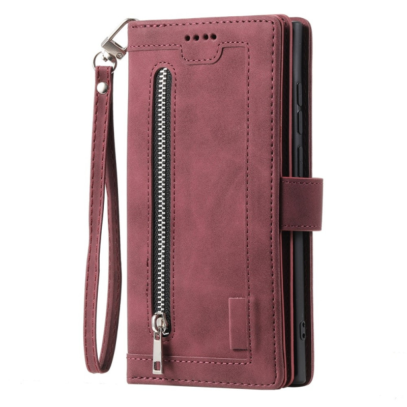 For Samsung Galaxy S25+ 5G Case Zipper Pocket PU Leather Phone Cover with 9 Card Slots