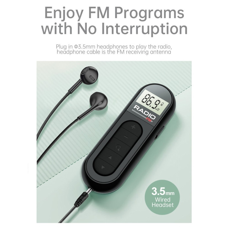 RADIO MI03 Pocket FM-radio med klämma för sport/löpning/möten