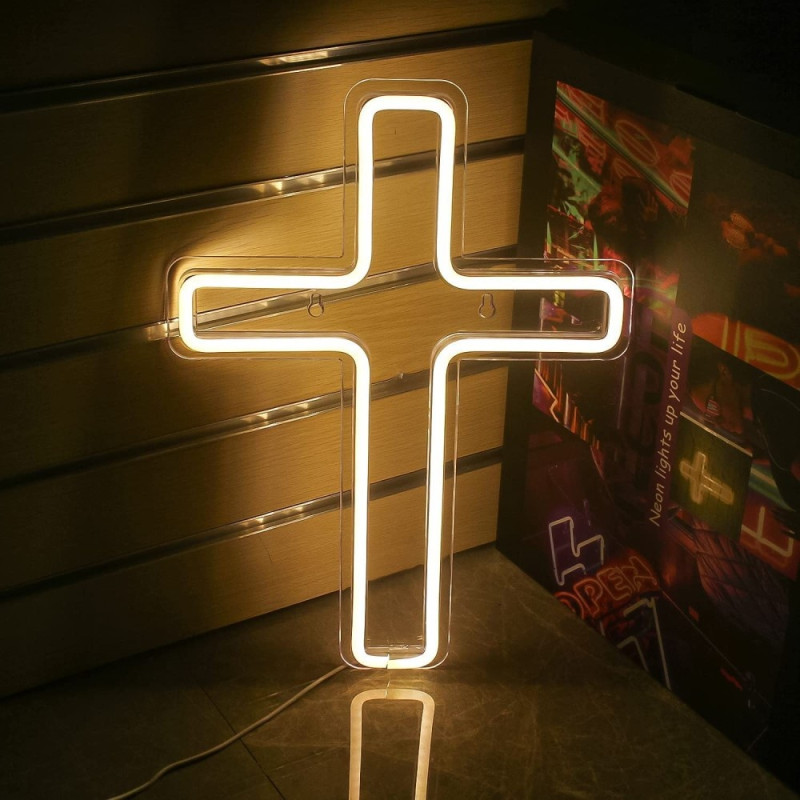 LED Cross Cross Neon Sign USB-drevet dæmpbar lampe dekoration til kirke og fest