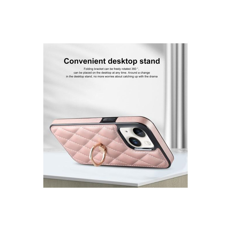 iPhone 14 Etui Rhombus Grid Mønster Bagcoverring Kickstand - Rose Gold