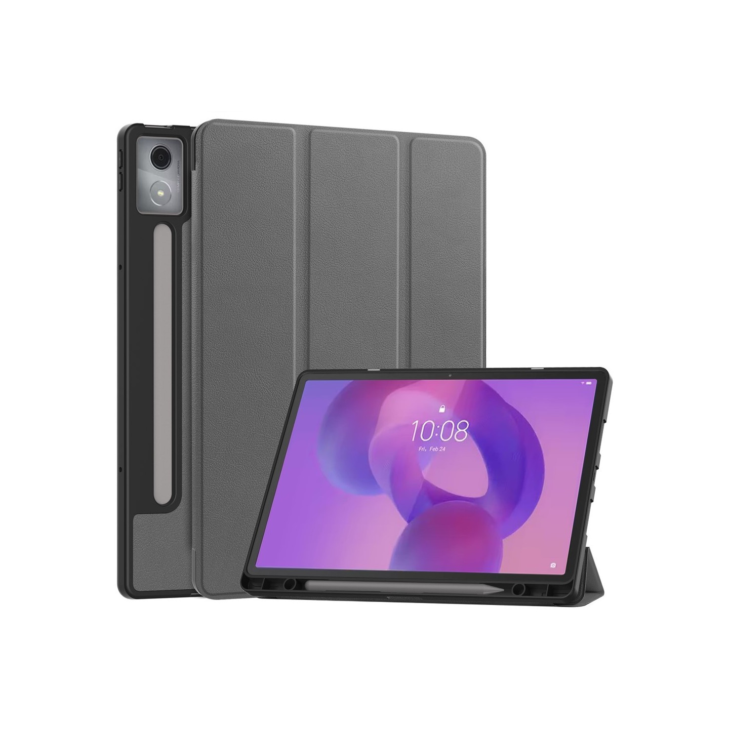 For Lenovo Idea Tab Pro Case Tri-Fold Stand Cover with Pen Holder - Grey