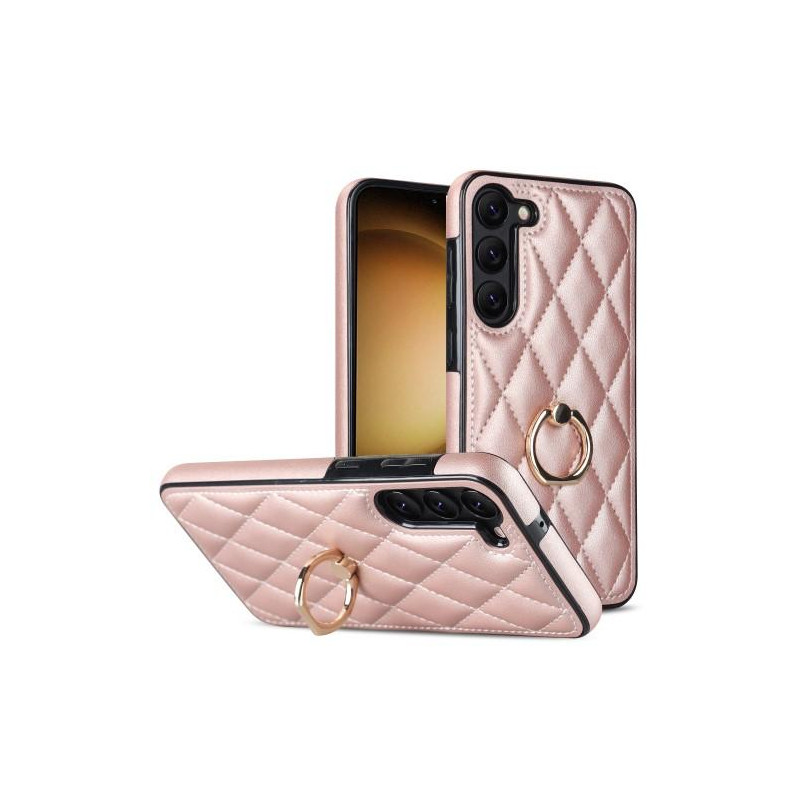 Samsung Galaxy S23 Case Rhombus Grid Pattern Back Cover Ring Kickstand - Rose Gold