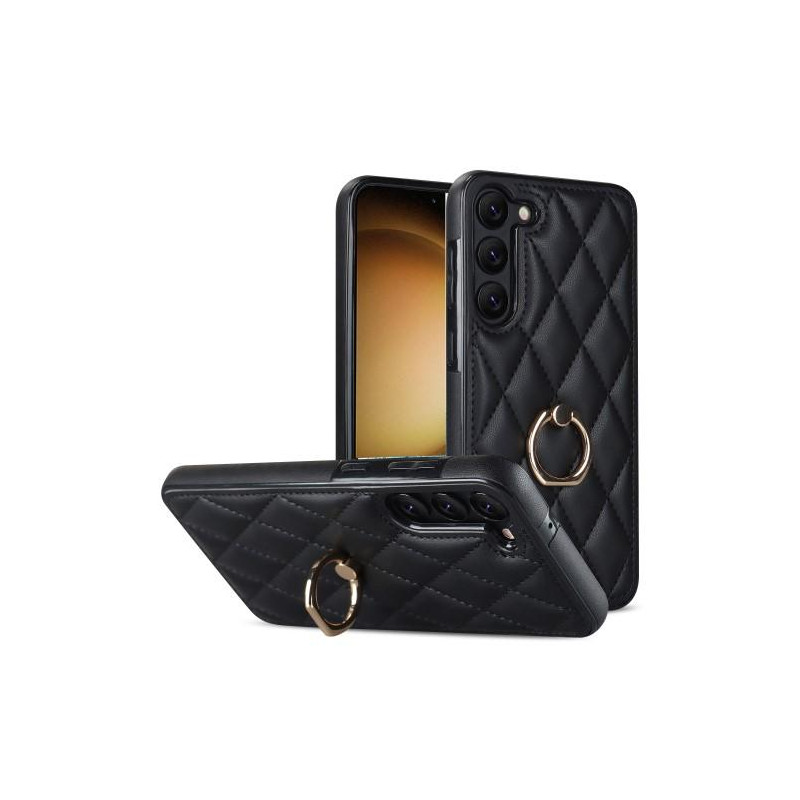 Samsung Galaxy S23 Etui Rhombus Grid Mønster Bagdæksring Stativ - Sort