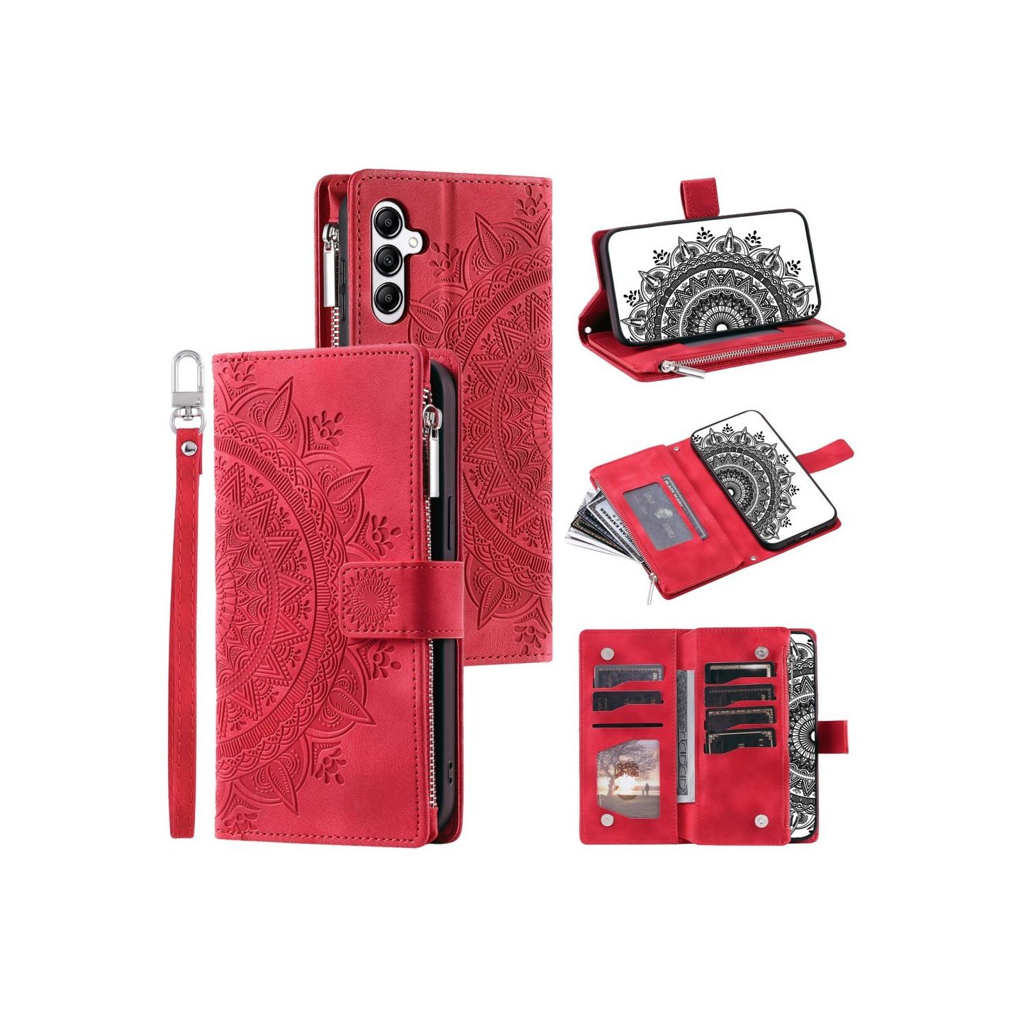 For Samsung Galaxy A56 Wallet Case Cover Shell Mandala Flower Pattern - Red