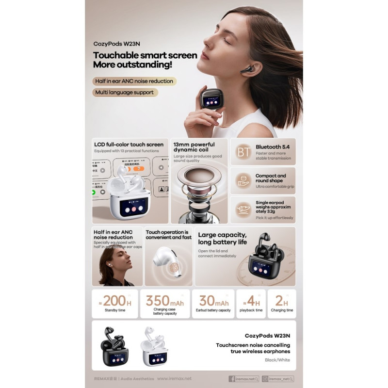 REMAX Cozypods True Wireless Earbuds Pekskärm ANC brusreducerande Bluetooth-hörlurar - Vit