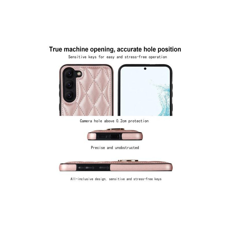 Samsung Galaxy S23 Case Rhombus Grid Pattern Back Cover Ring Kickstand - Rose Gold