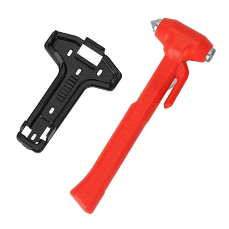 Car Hammer Window Breaker Emergency Hammer Belt Knife Long Handle - Red