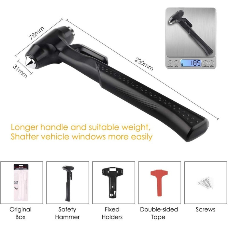 Car Hammer Window Breaker Emergency Hammer Belt Knife Long Handle - Black
