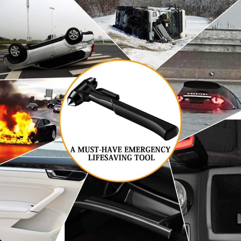 Car Hammer Window Breaker Emergency Hammer Belt Knife Long Handle - Black
