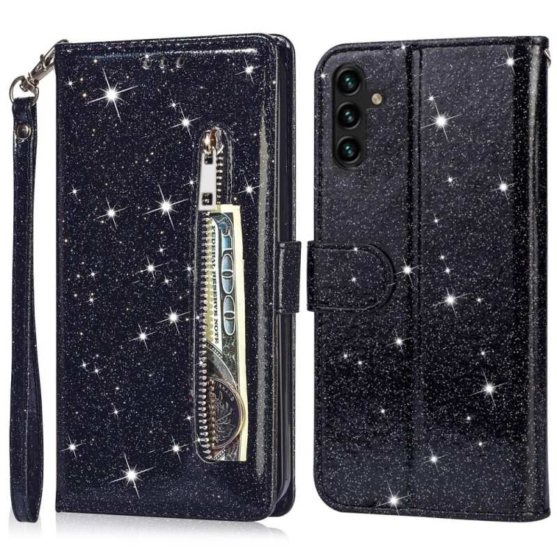 Til Samsung Galaxy A56 5G Stående Glittercover med Lynlåslomme - Black