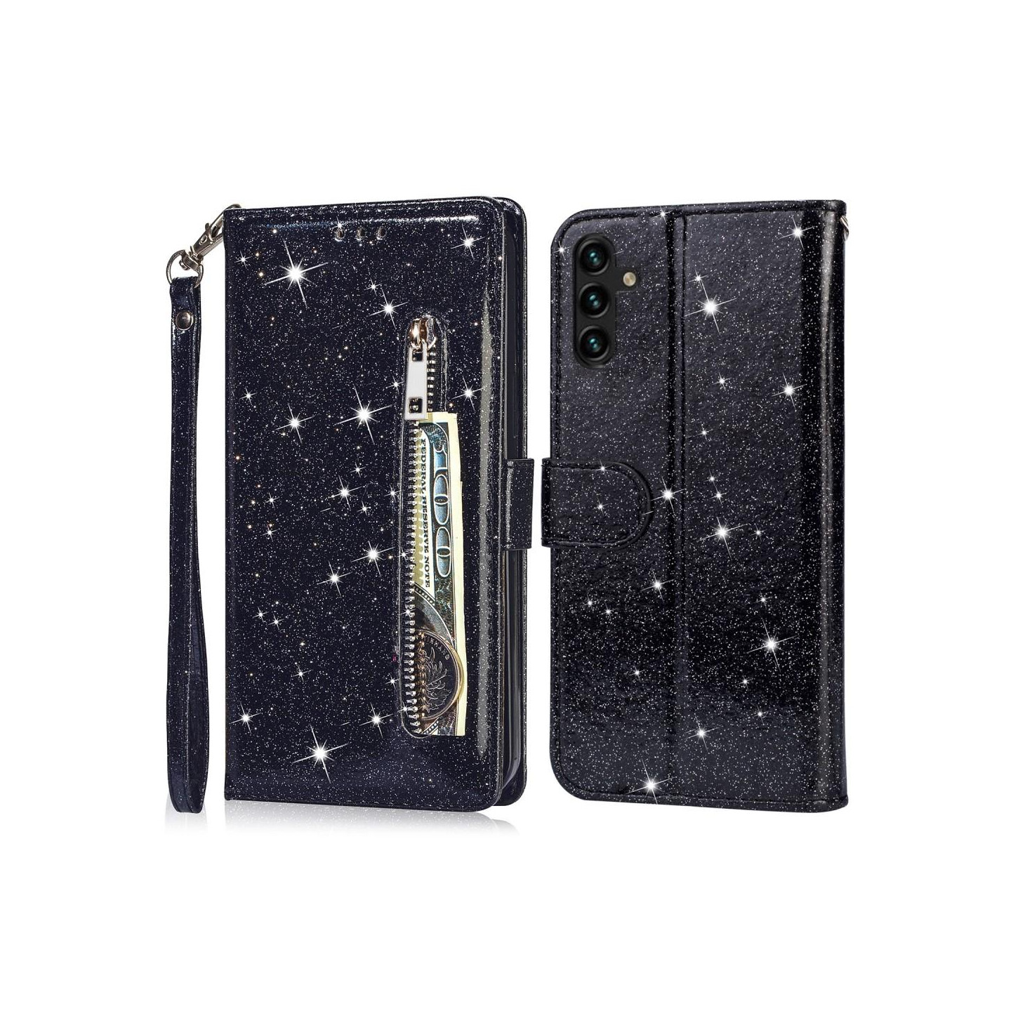 Til Samsung Galaxy A56 5G Stående Glittercover med Lynlåslomme - Black