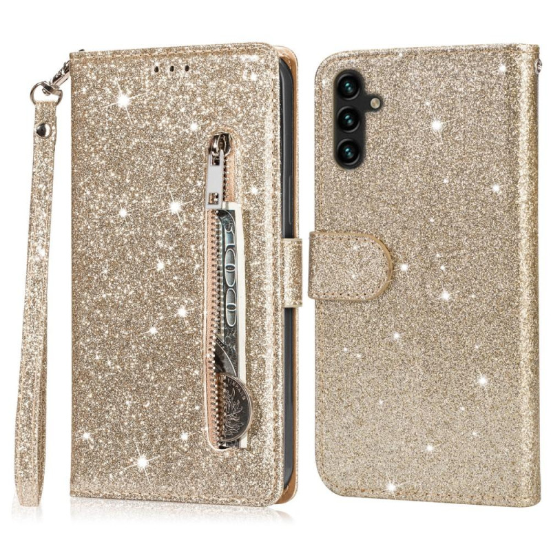 För Samsung Galaxy A56 5G Ställbart Glitterfodral med Dragkedjeficka - Gold