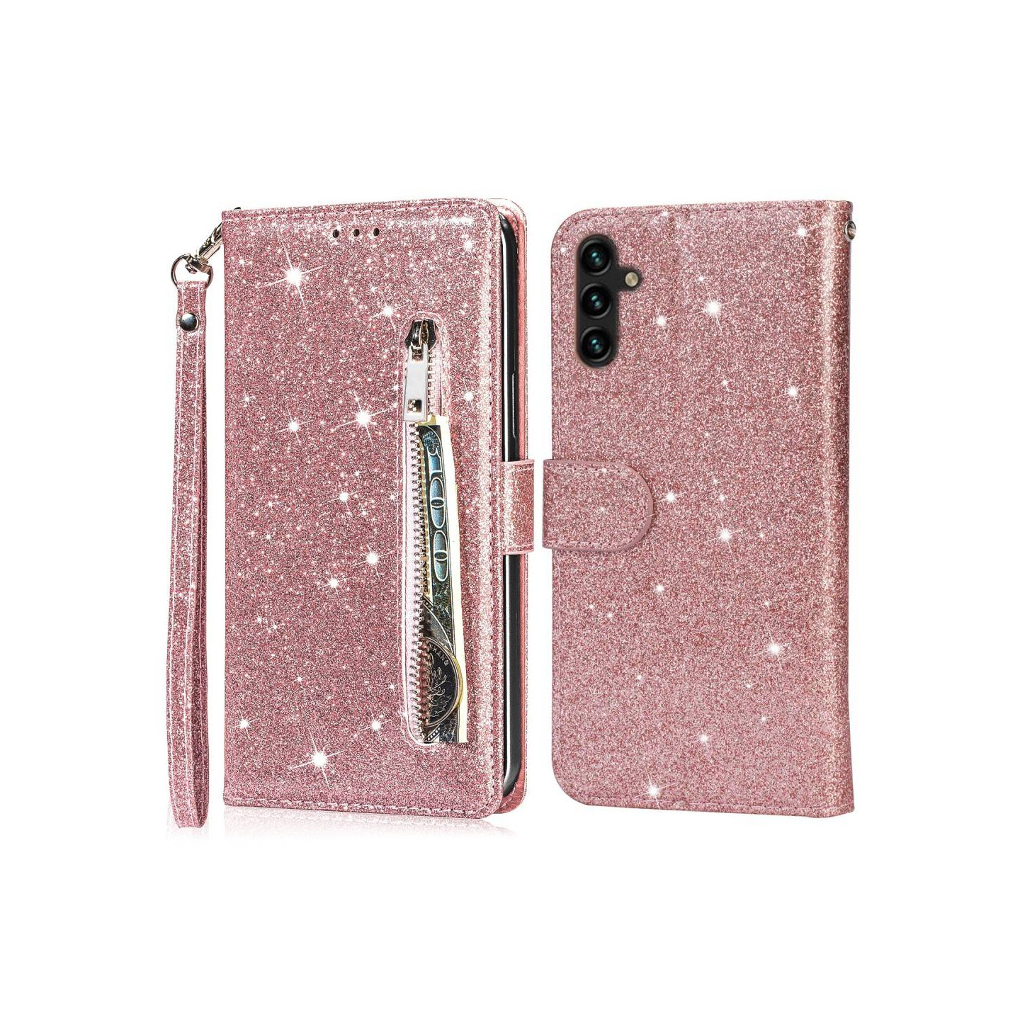 Samsung Galaxy A56 5G Taittuva Glitter-Suojakotelo Vetoketjutaskulla – Rose Gold