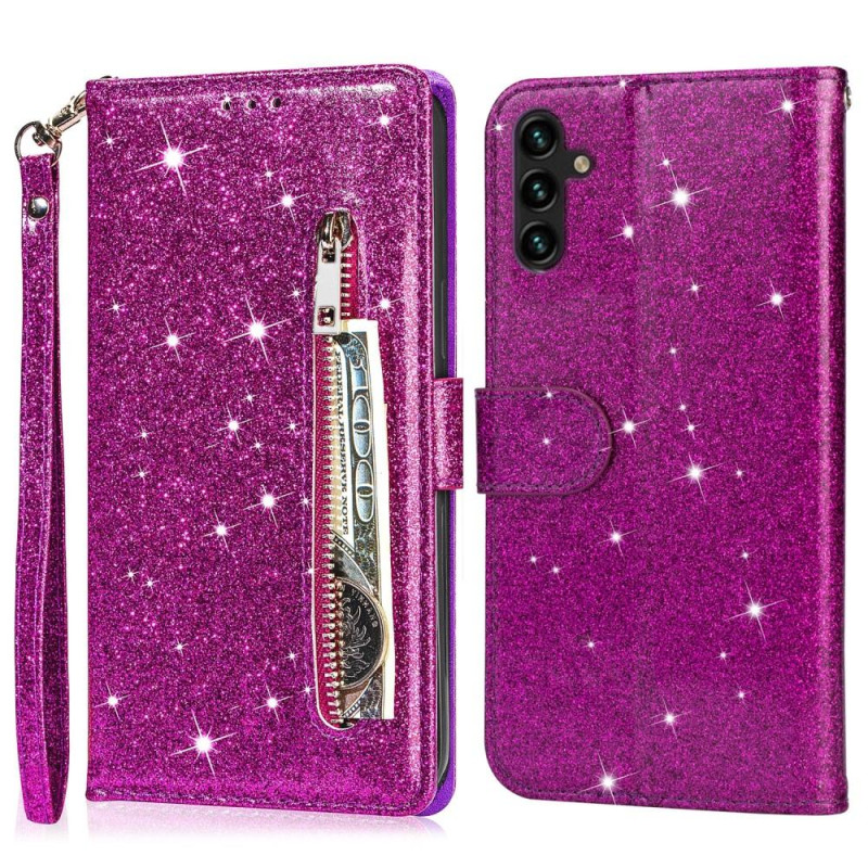 For Samsung Galaxy A56 5G Stand Case Glitter Phone Leather Cover Zipper Pocket - Purple