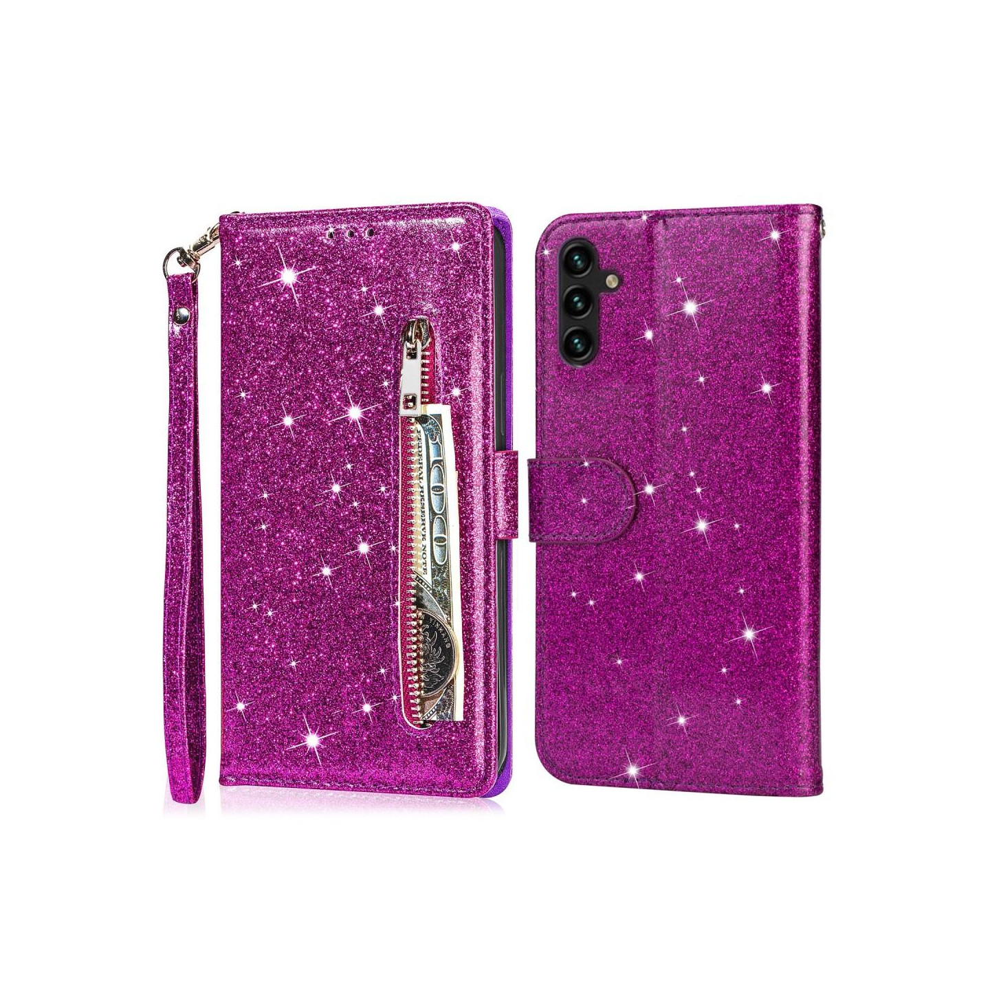 For Samsung Galaxy A56 5G Stand Case Glitter Phone Leather Cover Zipper Pocket - Purple
