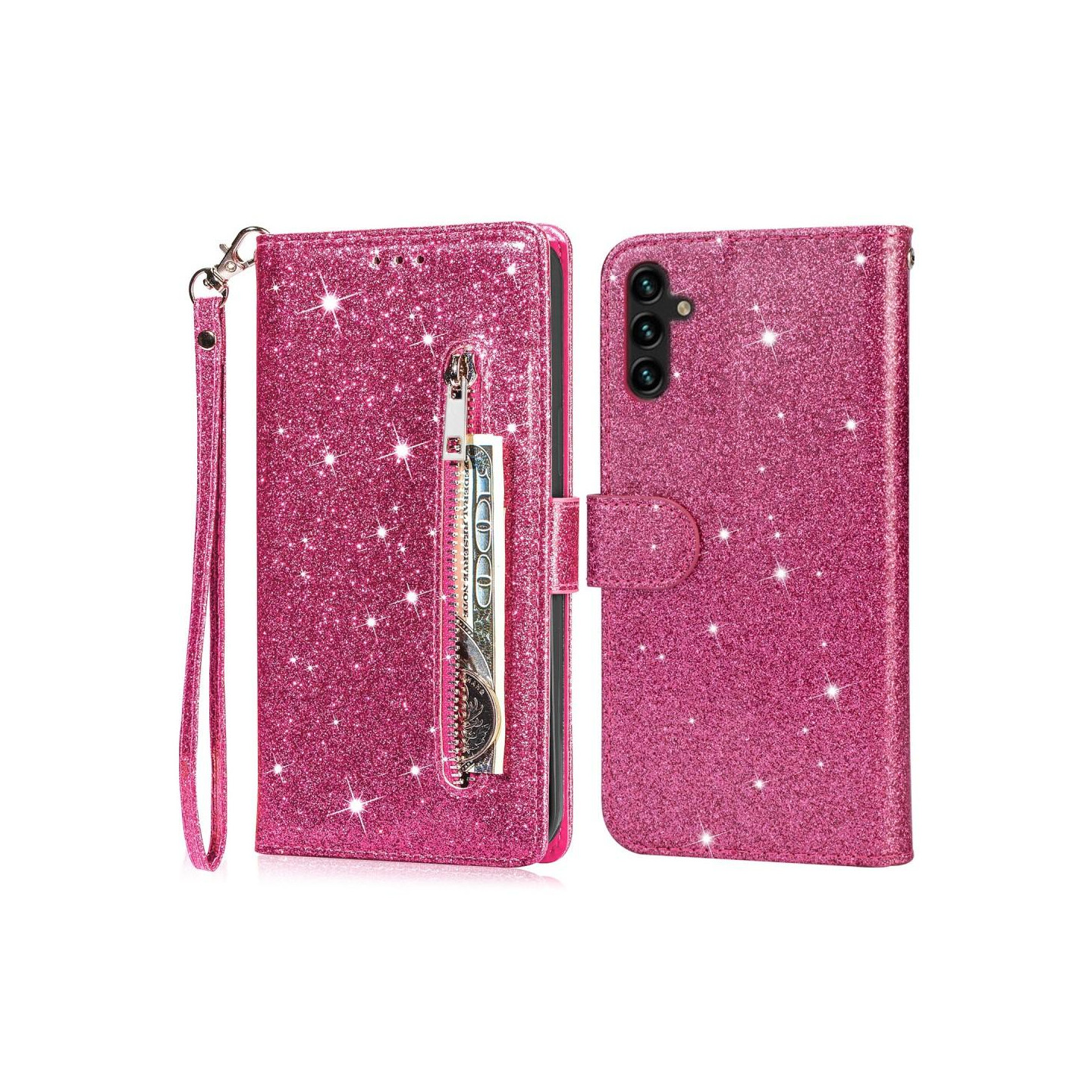 För Samsung Galaxy A56 5G Ställbart Glitterfodral med Dragkedjeficka - Rose