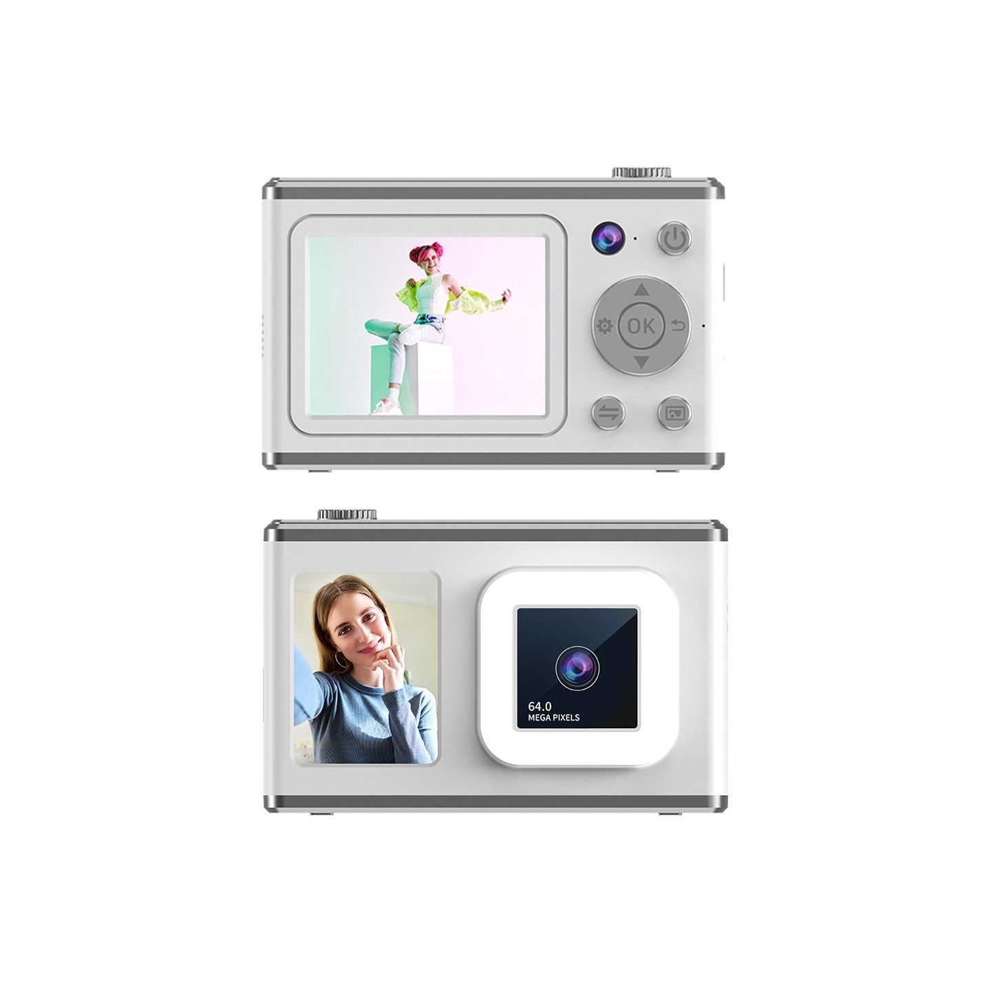 2,4" skjerm med dobbel linse videoopptak CCD digitalkamera med 32 GB kort + leser - Hvit