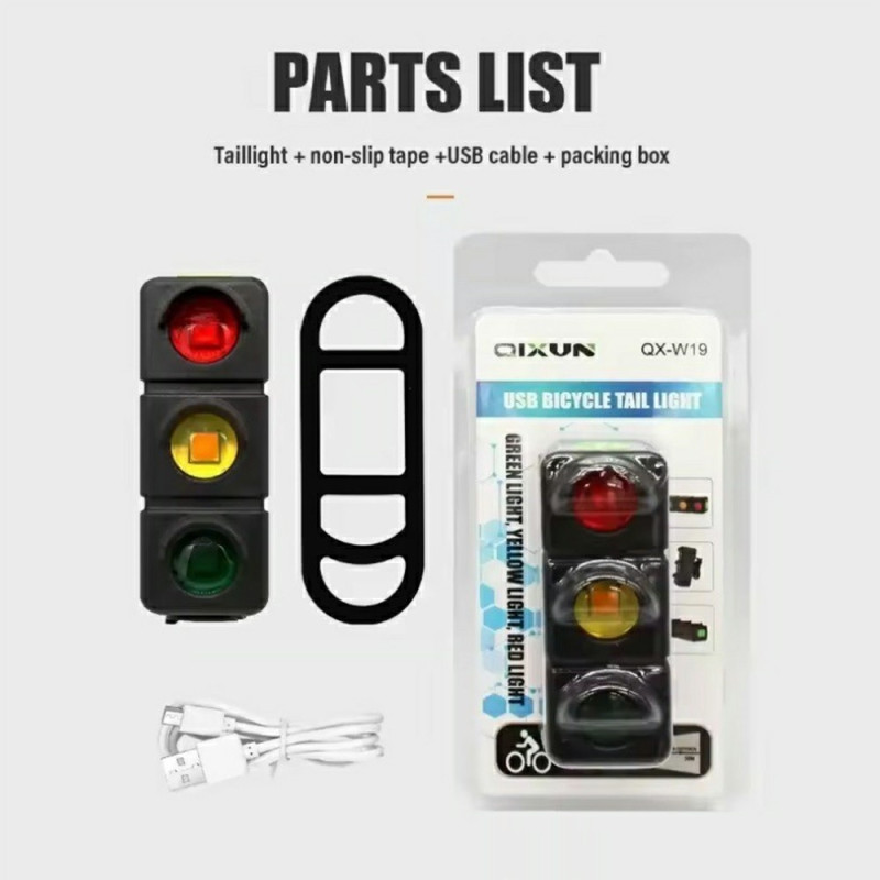 Baklys Sykkellys Oppladbart Varsellys 3 farger LED vanntett