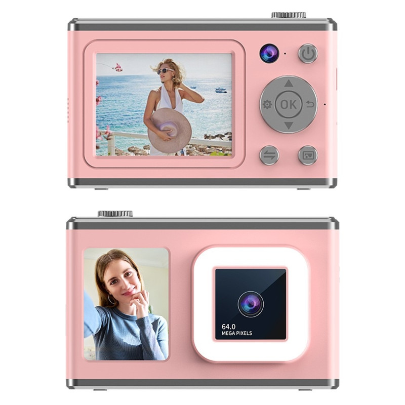 2.4" Screen Dual Lens Video Recording CCD Digital Camera with 32GB Card + Reader - Pink