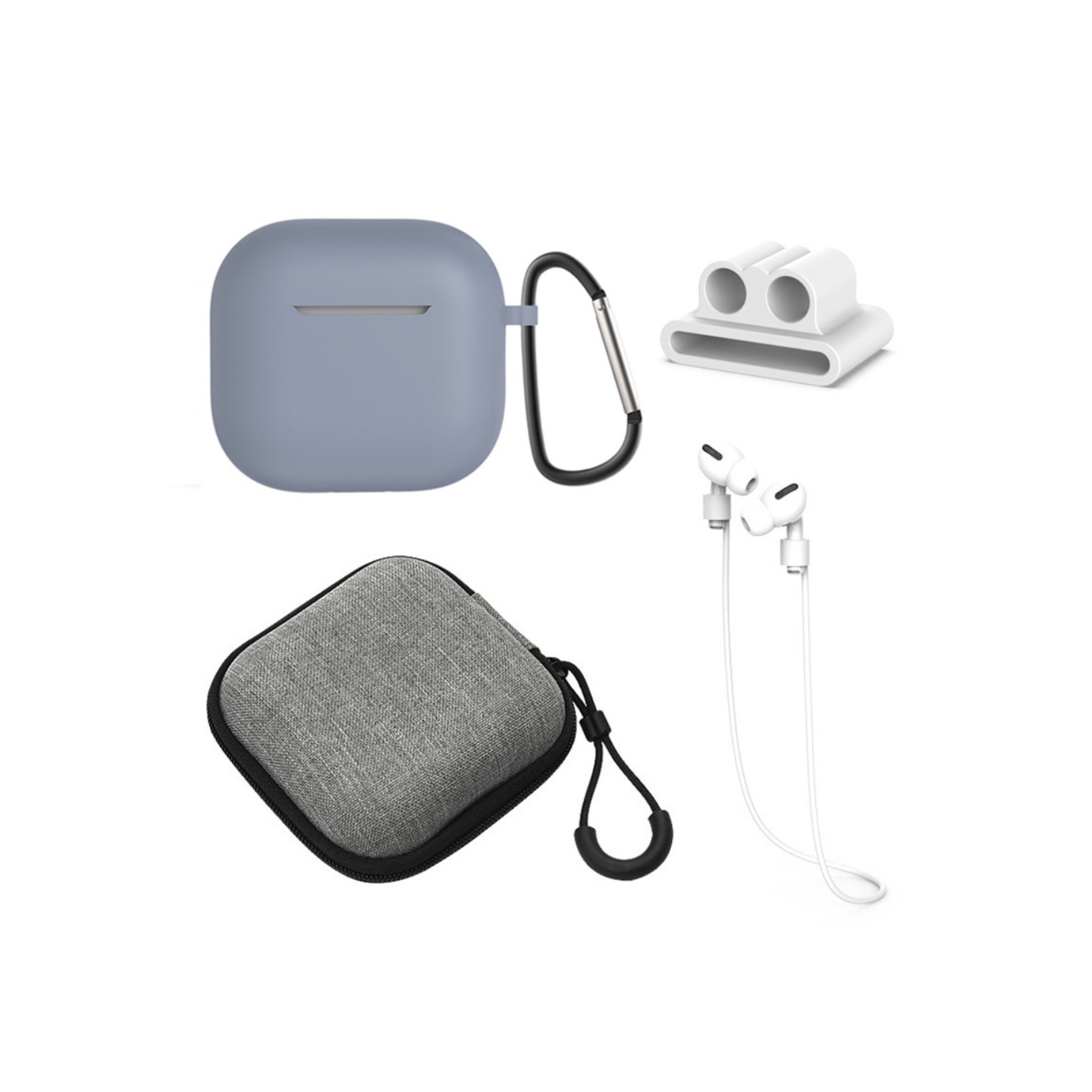 För AirPods 4 5st Tillbehör Fodral förvaringsbox halsrem hörlurshållare nyckelring - Grå