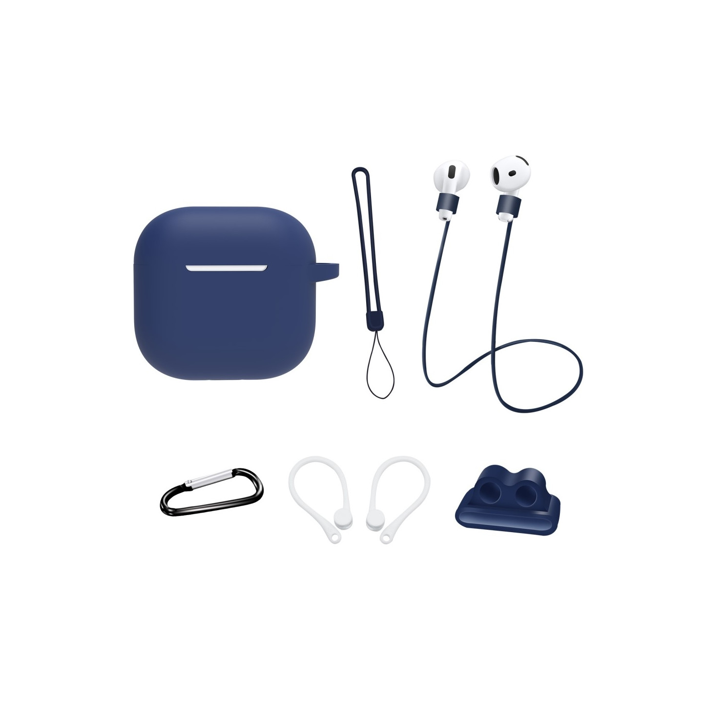 Til AirPods 4 6 i 1 Tilbehør Taske Stropholder Ørekroge Halsrem Nøglering - Midnight Blue