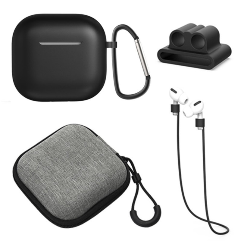 For AirPods 4 5pcs Accessories Case Storage Box Neck Strap Headphone Holder Key Ring - Black