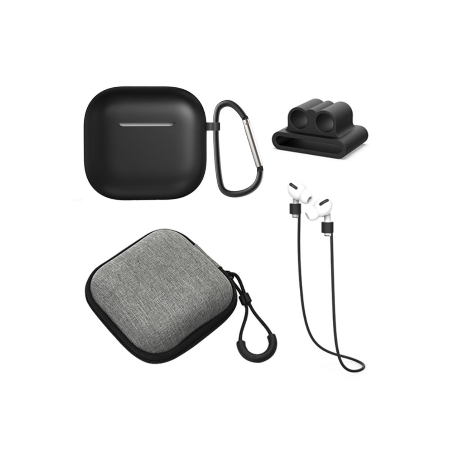 For AirPods 4 5 stk Tilbehør Veske Oppbevaringsboks Halsstropp Hodetelefonholder Nøkkelring - Svart