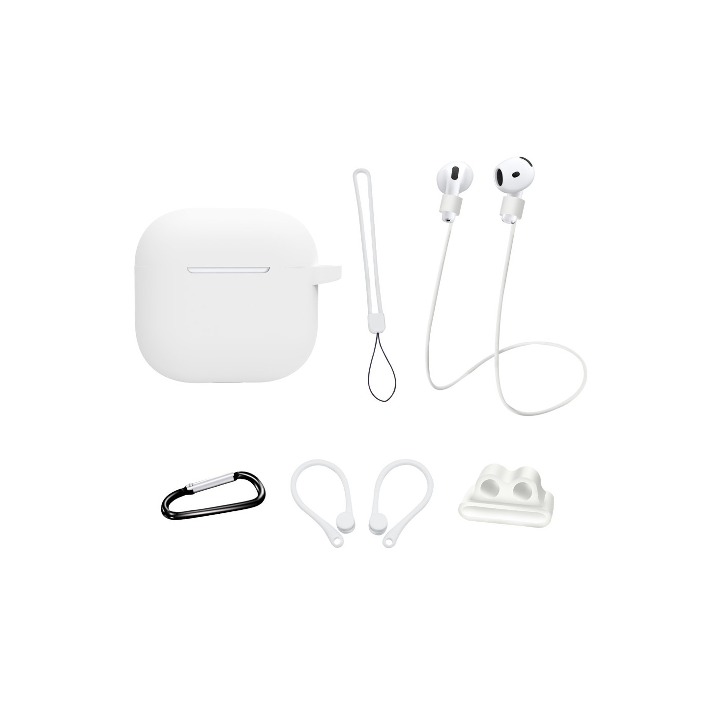 AirPods 4 6 in 1 -tarvikkeet kotelo hihnapidike korvakoukut kaulahihna avainrengas - Valkoinen