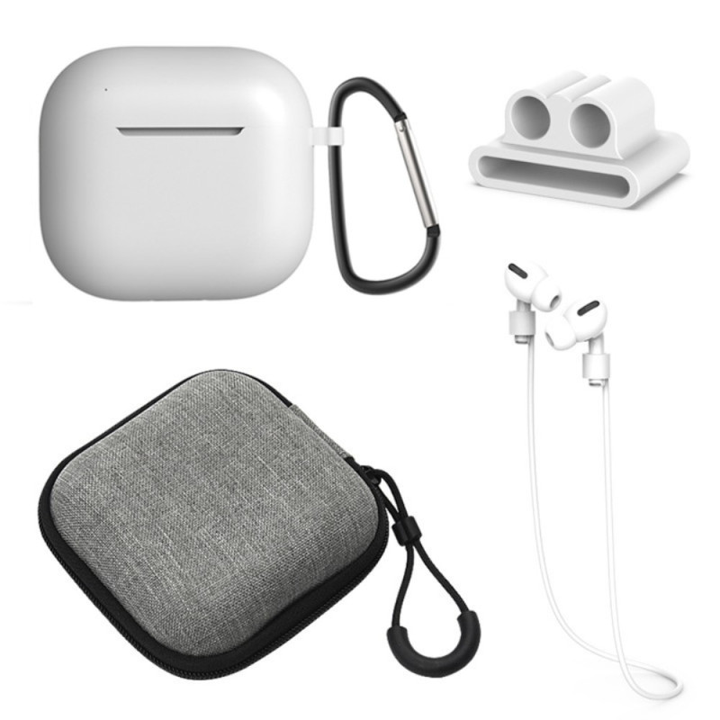 For AirPods 4 5pcs Accessories Case Storage Box Neck Strap Headphone Holder Key Ring - White