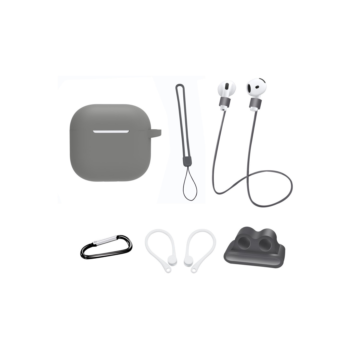 For AirPods 4 6 in 1 Accessories Case Strap Holder Ear Hooks Neck Strap Key Ring - Gray