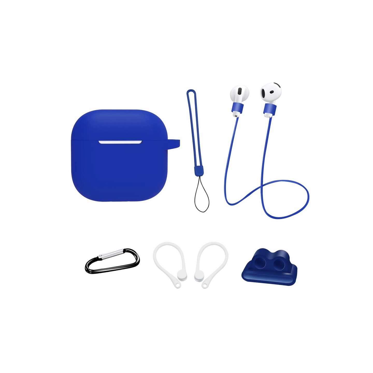 For AirPods 4 6 in 1 Accessories Case Strap Holder Ear Hooks Neck Strap Key Ring - Dark blue