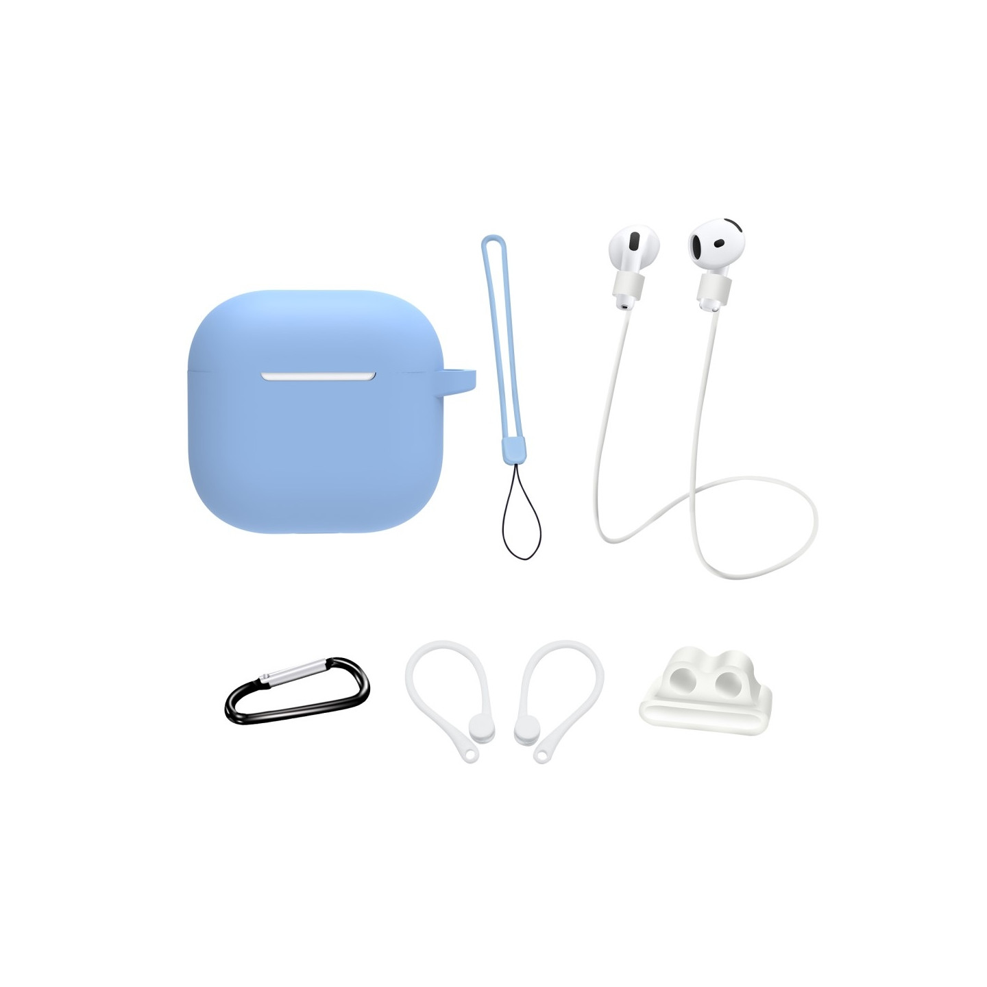 For AirPods 4 6 in 1 Accessories Case Strap Holder Ear Hooks Neck Strap Key Ring - Light Blue
