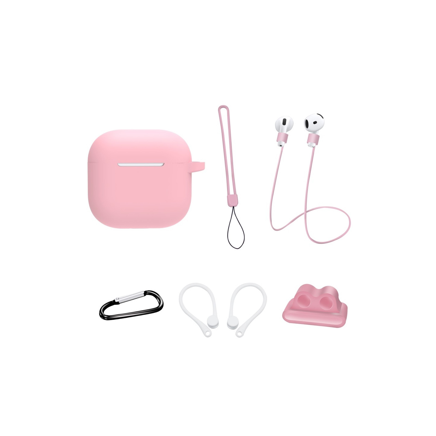 För AirPods 4  6 i 1 Tillbehör Fodral Rem Hållare Öronkrokar Nackrem Nyckelring - Rosa