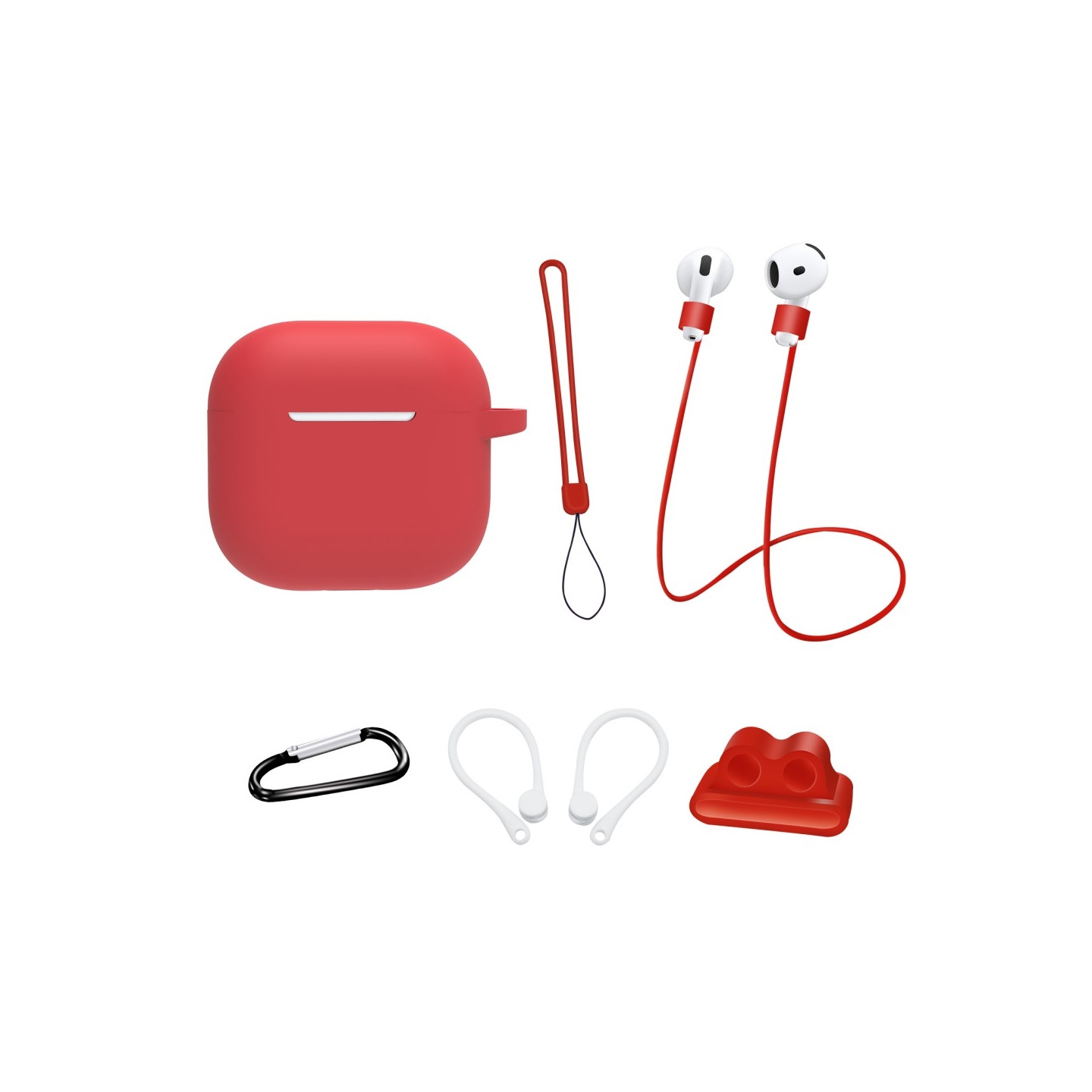 For AirPods 4 6 in 1 Accessories Case Strap Holder Ear Hooks Neck Strap Key Ring - Red
