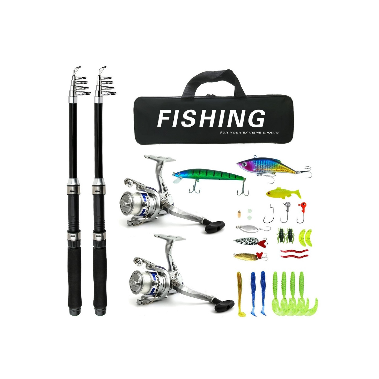 2 Fishing rods + accessories fishing rod 1.8 m telescopic rod fishing gear with reel