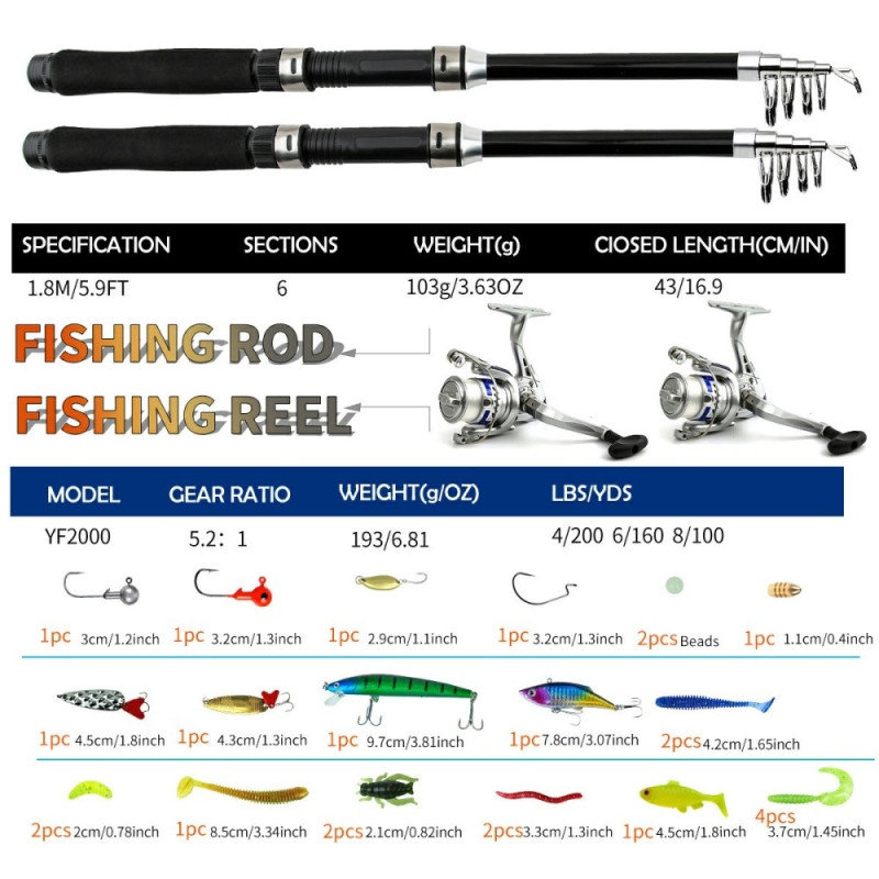 2 fiskestænger + tilbehør fiskestang 1,8 m teleskopstang fiskegrej med hjul