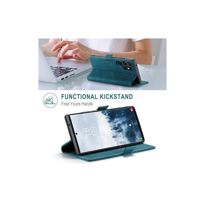 AUTSPACE A01 Retro Wallet Case for Samsung Galaxy S23 Ultra - Blue