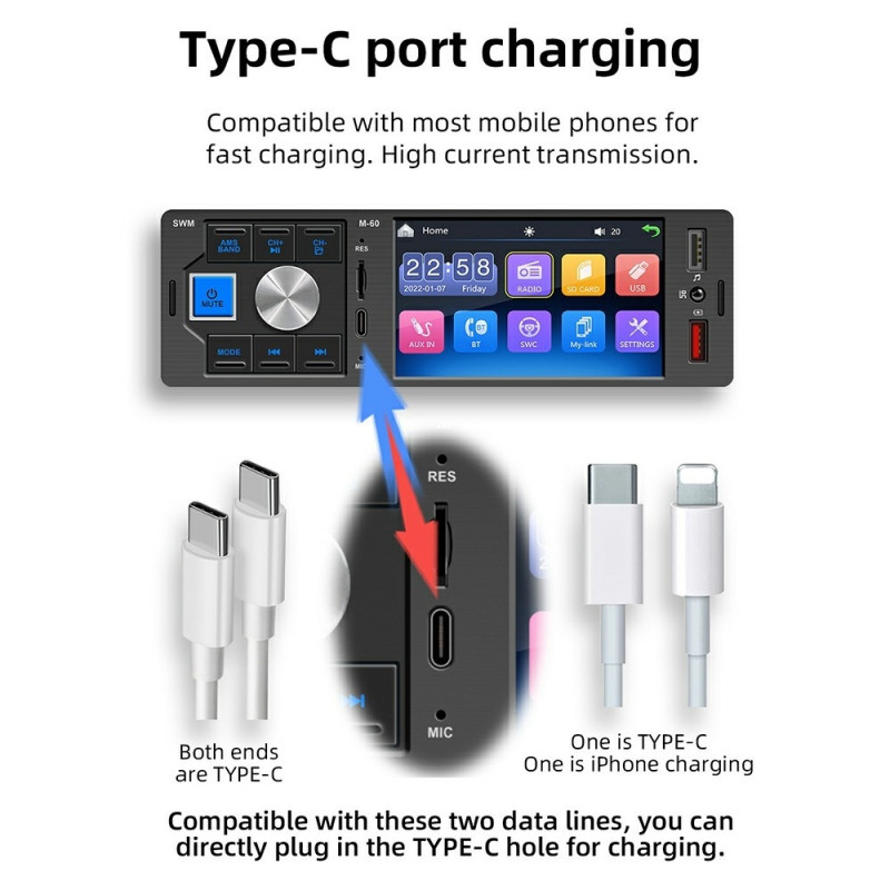 Bilstereo M-60 4,1-tum HD Touchscreen MP5 Bluetooth Dual USB Reverse Image Player