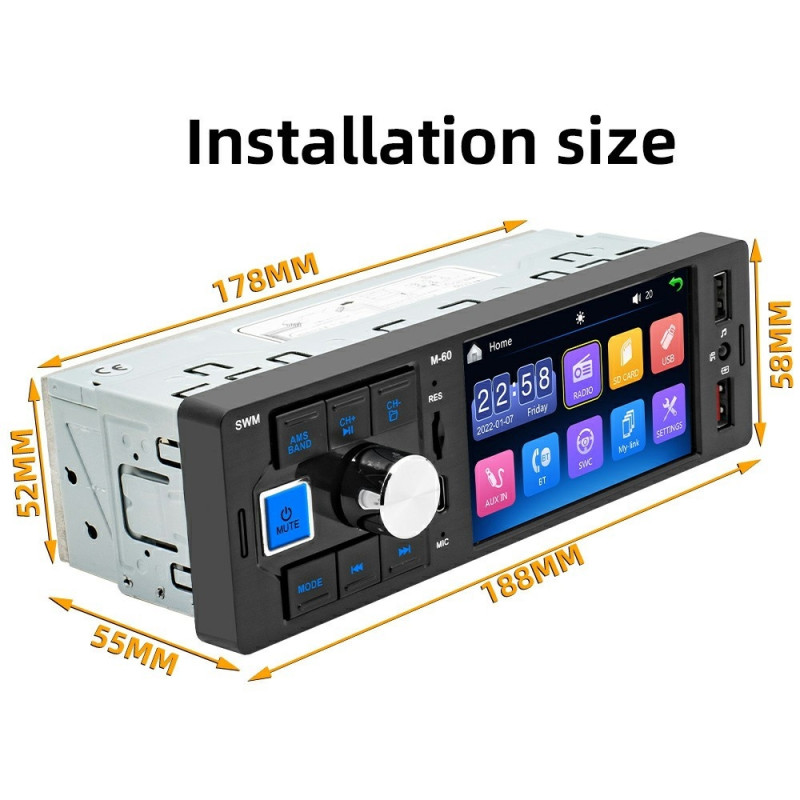 Bilstereo M-60 4,1-tommers HD Touchscreen MP5 Bluetooth Dual USB Reverse Image Player