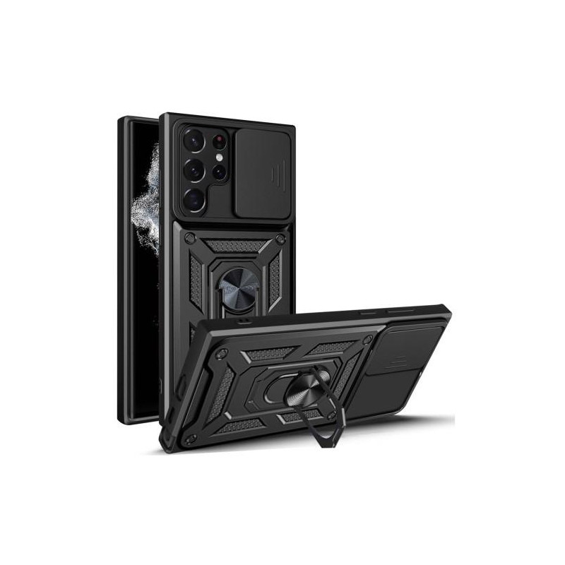 Samsung Galaxy S23 Ultra iskunkestävä TPU+PC Kickstand Puhelinkotelo Autoteline Metallilevy - Musta